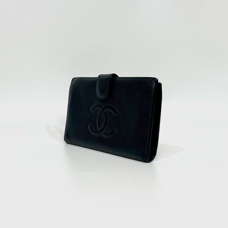 CHANEL黑金荔枝牛皮vintage蝴蝶釦開長夾A13498-2