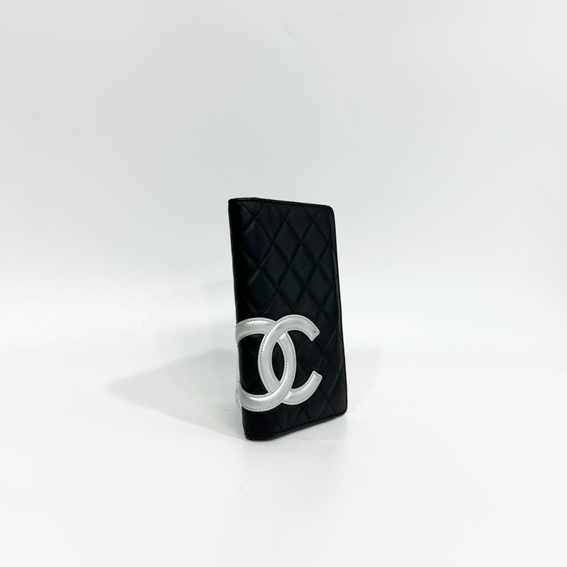 CHANEL黑銀羊皮雙C壓紋內裡康朋長夾-2