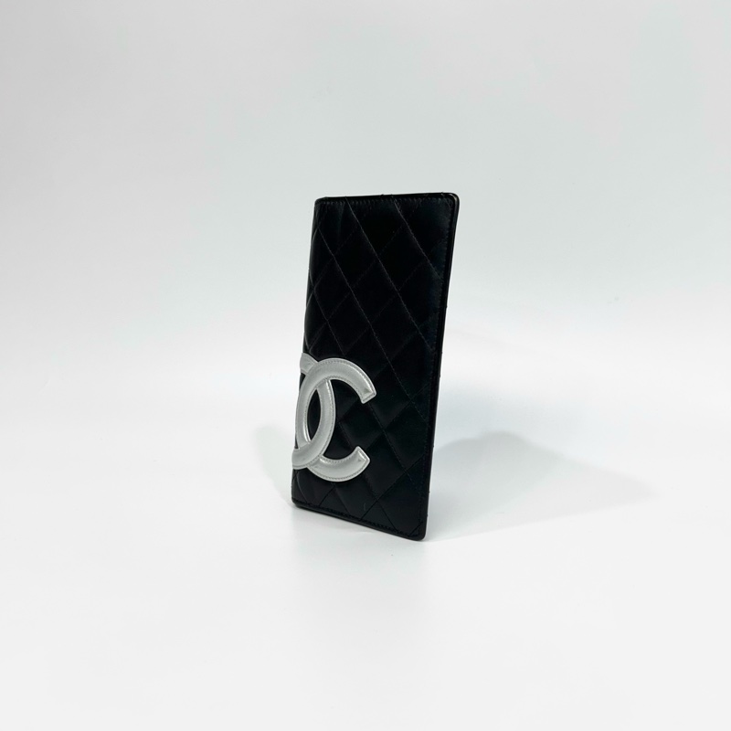 CHANEL黑銀羊皮雙C壓紋內裡康朋長夾-3