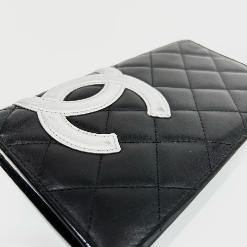 CHANEL黑銀羊皮雙C壓紋內裡康朋長夾-6