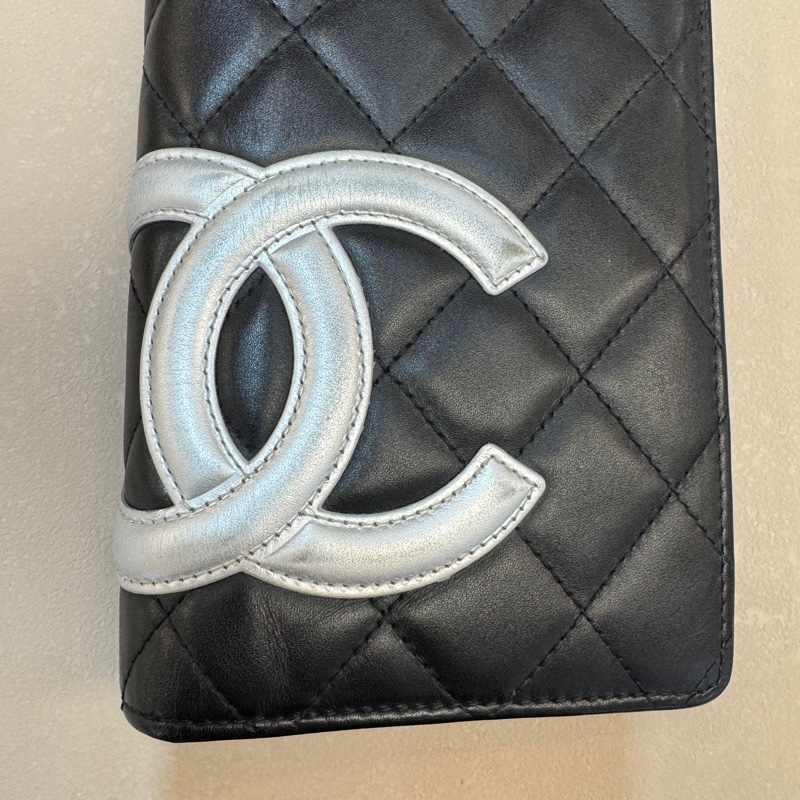 CHANEL黑銀羊皮雙C壓紋內裡康朋長夾-7