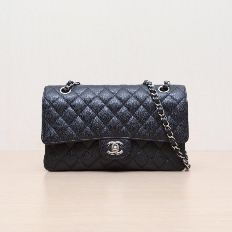 CHANEL(香奈兒) CF 口蓋包 中號 25.5cm 黑色 荔枝 19開 銀扣-0