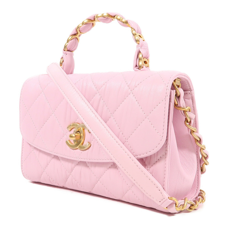 CHANEL 羊皮皮革Mini Flap Bag With Top Handle金扣鏈帶手挽肩背兩用袋-2