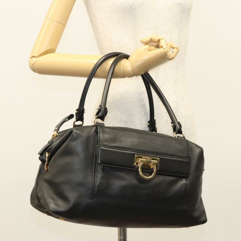 【日本直送】Salvatore Ferragamo Gancini 單肩包 皮革 黑金色 正品 124617-23