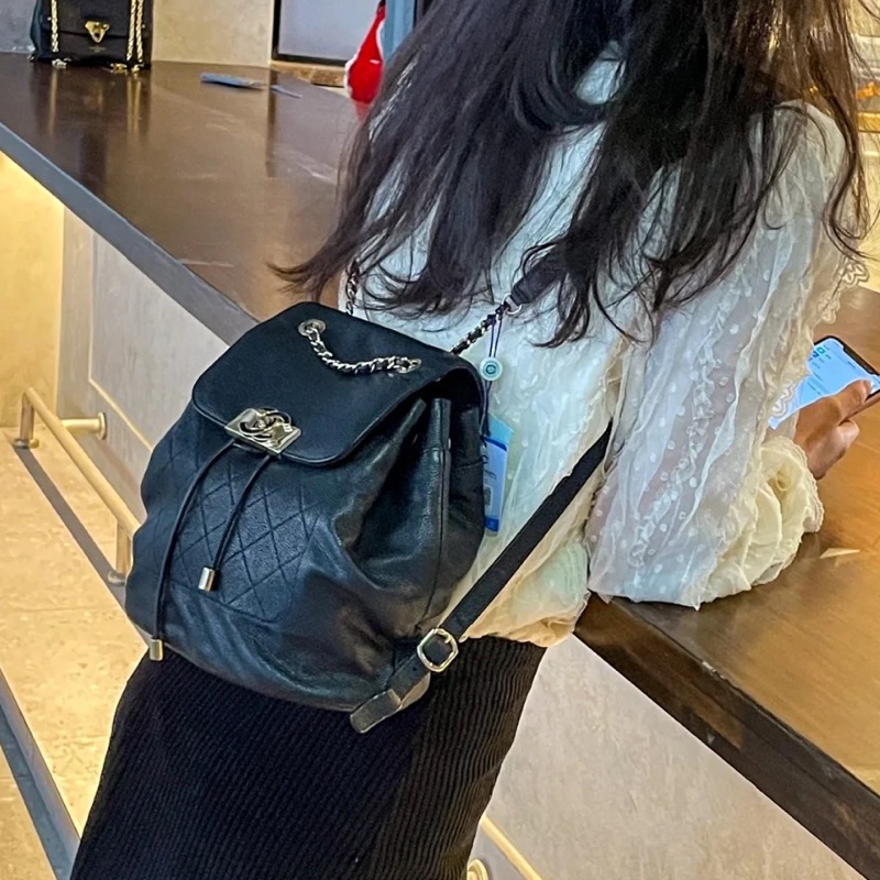 🈶購證 #18w櫃上入手 #98新閒置 香奈兒黑金荔枝牛皮雙肩包-0