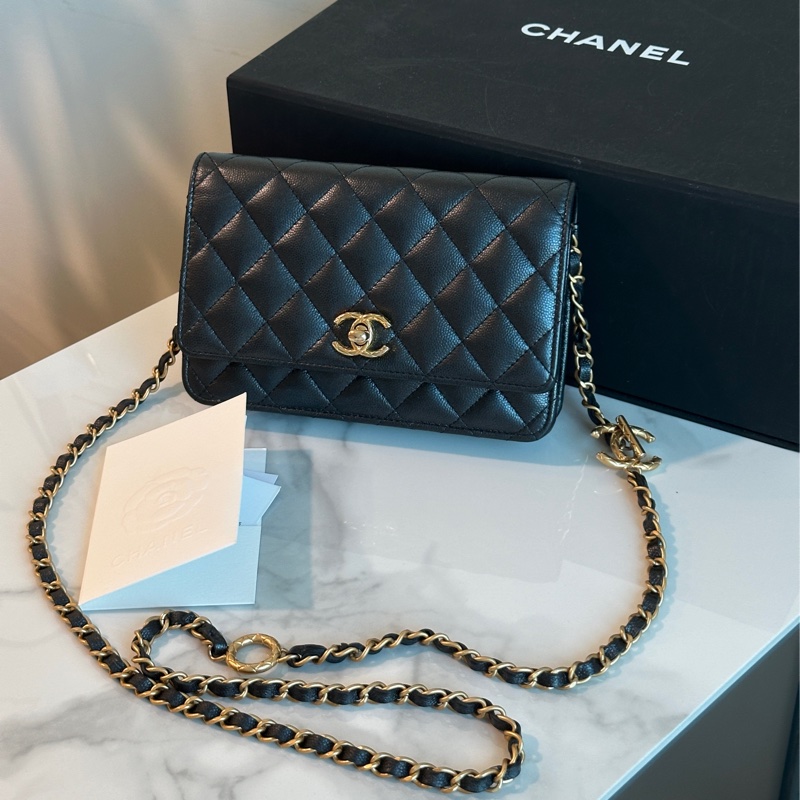Chanel 23b黑金荔枝牛皮woc 芯片款 近新閒置🈶購證🉑調肩帶-0