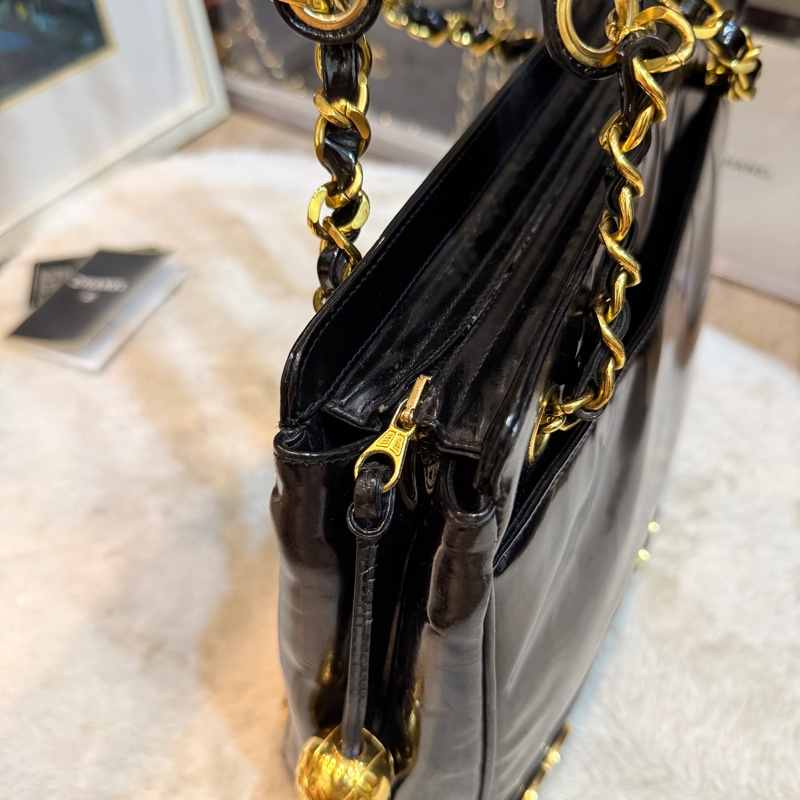 85新✨香奈兒24k金 vintage 金球托特包 可肩背 可流浪包揹法 大雙C logo-25