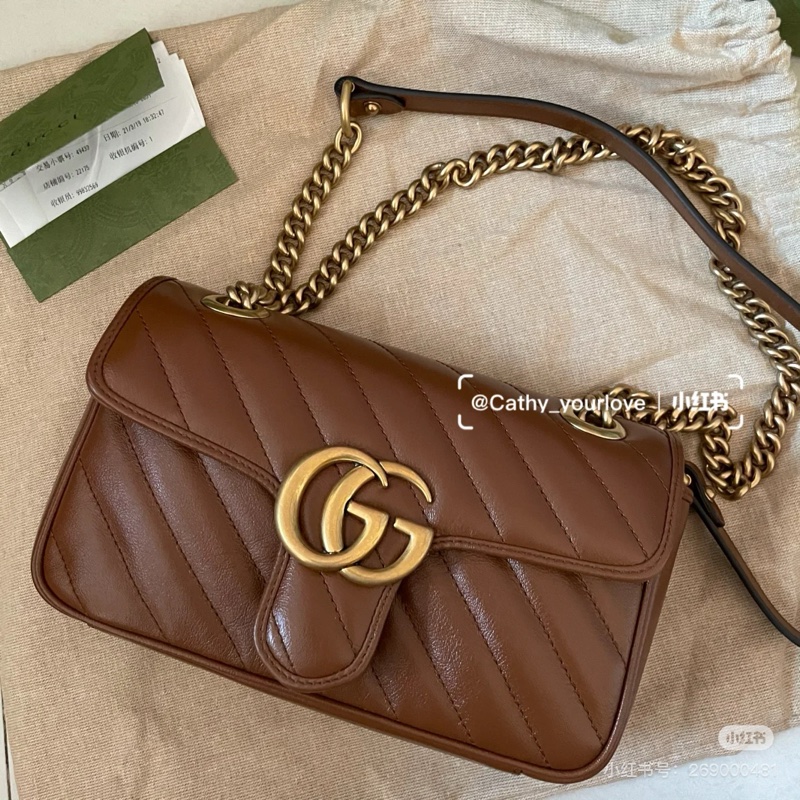 Gucci • Marmont 22 經典馬蒙 焦糖色金釦鏈條包-0