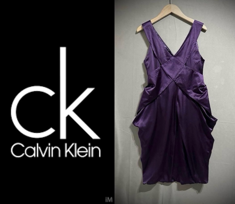 Calvin Klein ck黑標 V領交叉抓皺緞面洋裝 深紫絲綢小禮服 無袖花苞連身裙 女 S-0