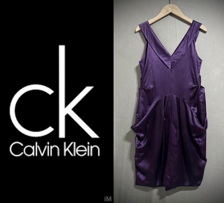 Calvin Klein ck黑標 V領交叉抓皺緞面洋裝 深紫絲綢小禮服 無袖花苞連身裙 女 S-1