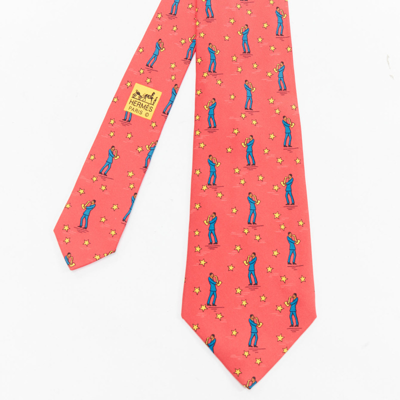 HERMES 7551 SA red yellow blue saxophone player star print silk tie-0