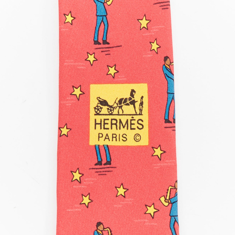 HERMES 7551 SA red yellow blue saxophone player star print silk tie-3