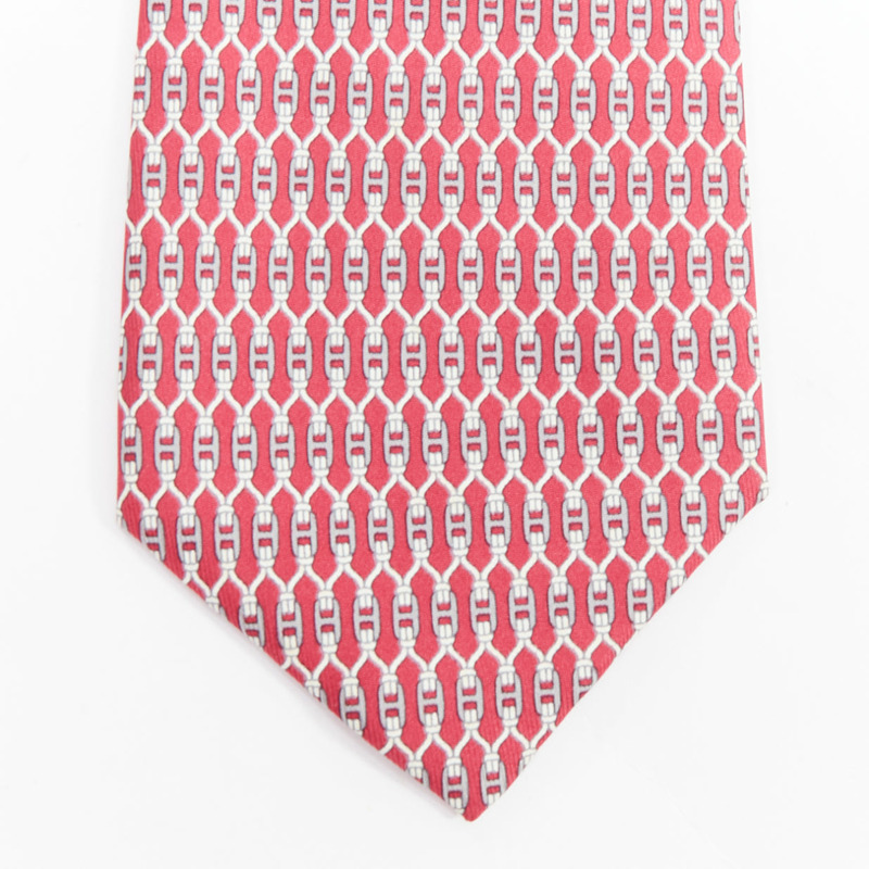 HERMES 7199 UA red grey signature H chain lock print silk tie-1