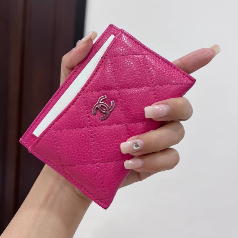 真品 chanel 荔枝牛 桃紅 信用卡卡夾 卡夾 皮夾 卡包 明片夾 卡片套-0