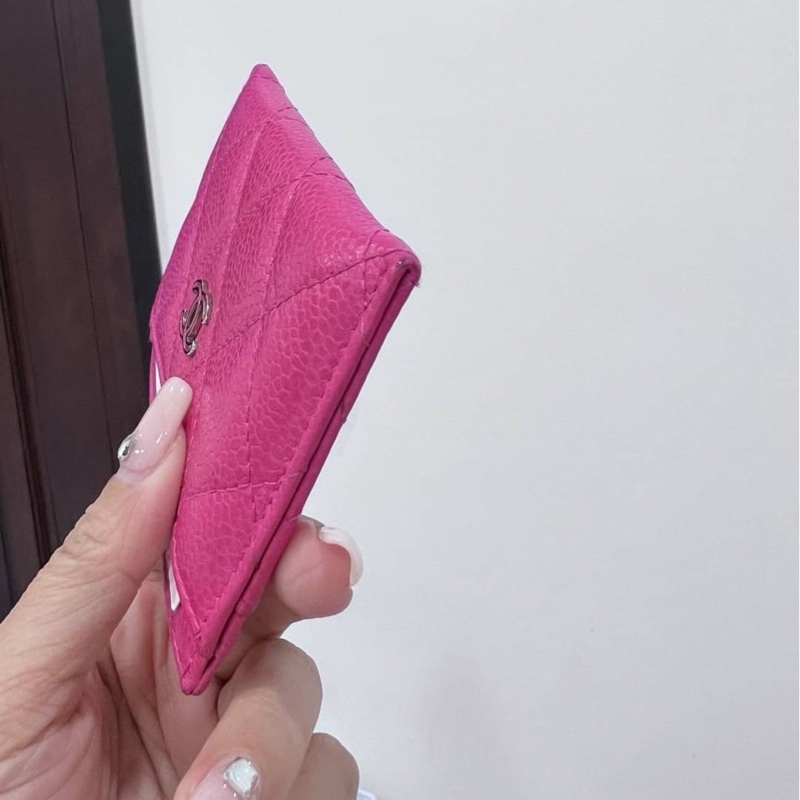 真品 chanel 荔枝牛 桃紅 信用卡卡夾 卡夾 皮夾 卡包 明片夾 卡片套-5