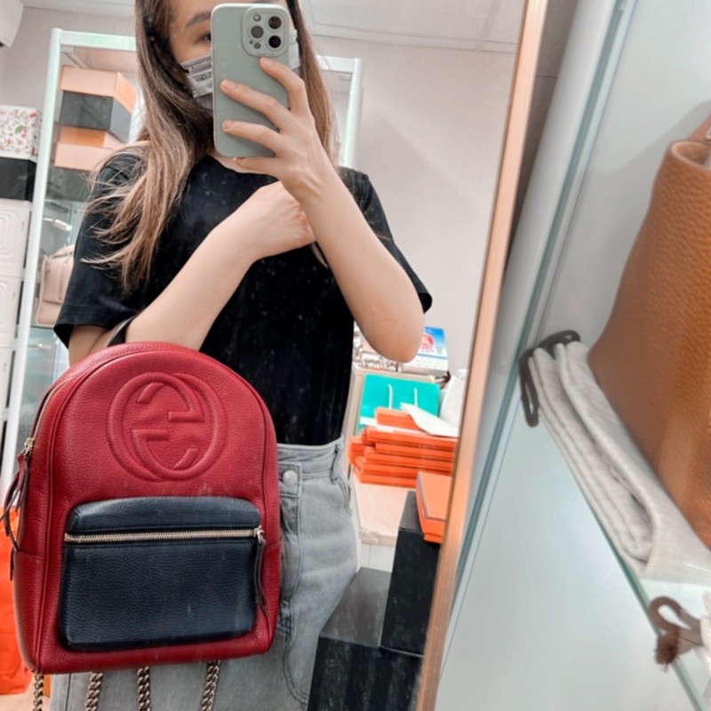 Gucci logo 鏈條拼色雙肩包/背包-15