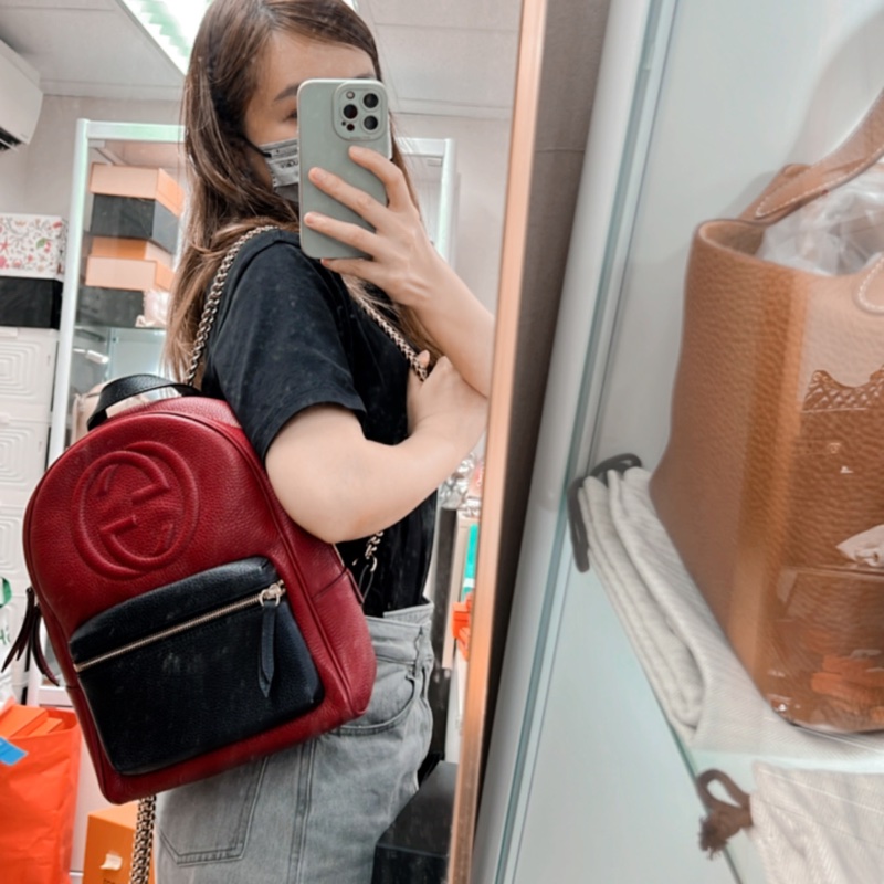 Gucci logo 鏈條拼色雙肩包/背包-16