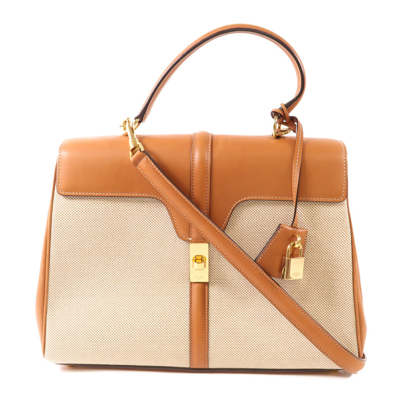 CELINE 帆布/牛皮皮革Classique 16金扣手挽肩背兩用袋-0