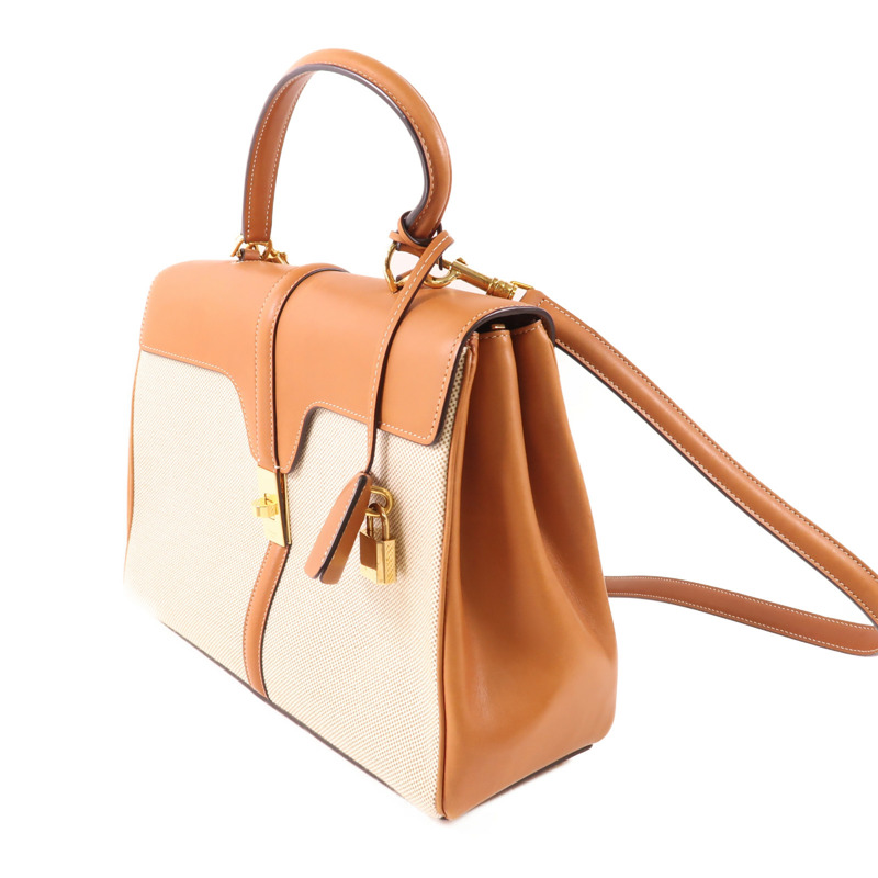 CELINE 帆布/牛皮皮革Classique 16金扣手挽肩背兩用袋-2