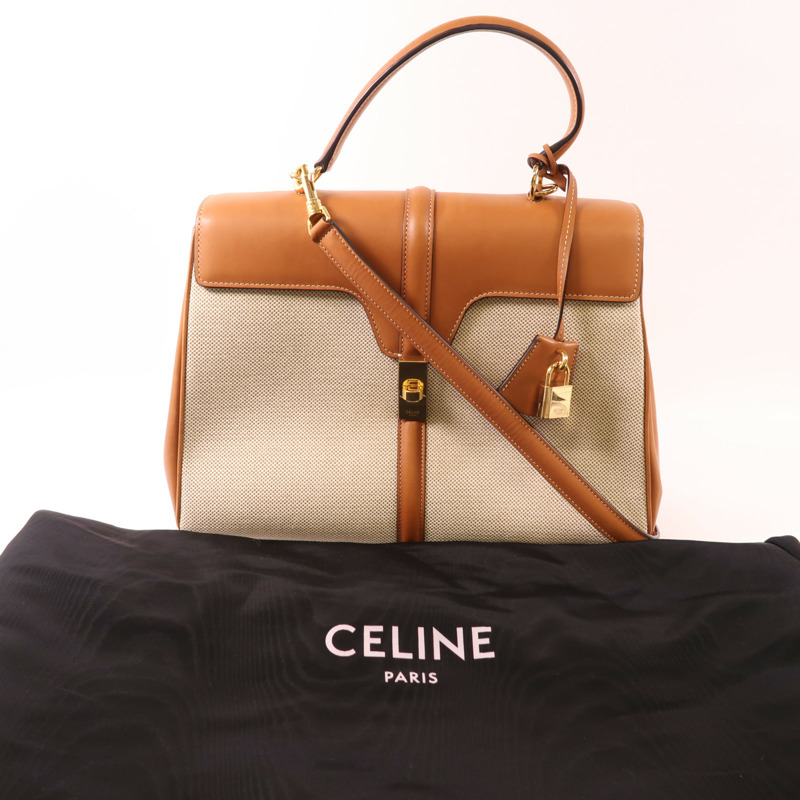 CELINE 帆布/牛皮皮革Classique 16金扣手挽肩背兩用袋-5