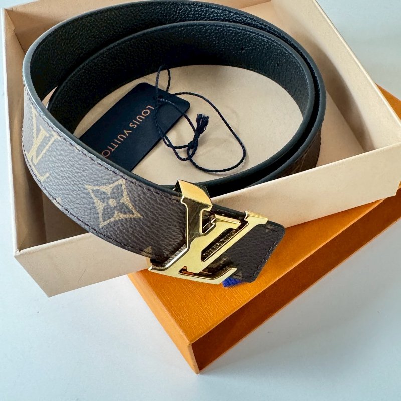 LV 經典 咖啡 老花 皮帶 3cm寬 金扣 可拆 可雙面使用 75cm-0