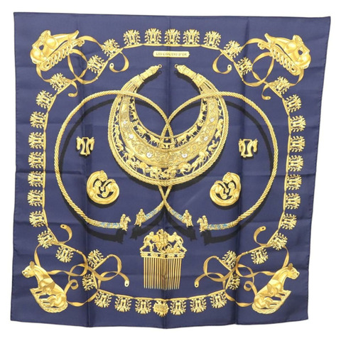 愛馬仕 Carre 90 圍巾“LES CAVALIERS D'OR”絲綢海軍藍正品 sw331