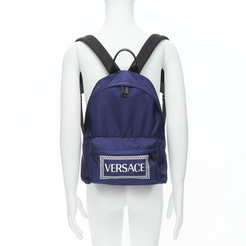 VERSACE 1990s Vintage Box Logo blue nylon Greca strap backpack-2