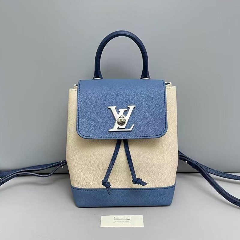 Louis Vuitton Lockme 迷你霧霾藍 拼米色 牛皮荔枝紋雙肩包-0