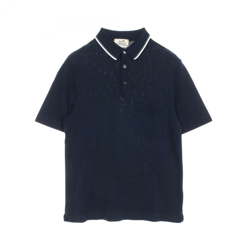 HERMES H 刺繡 Polo 衫短袖 #M 棉質海軍藍 二手男款-0