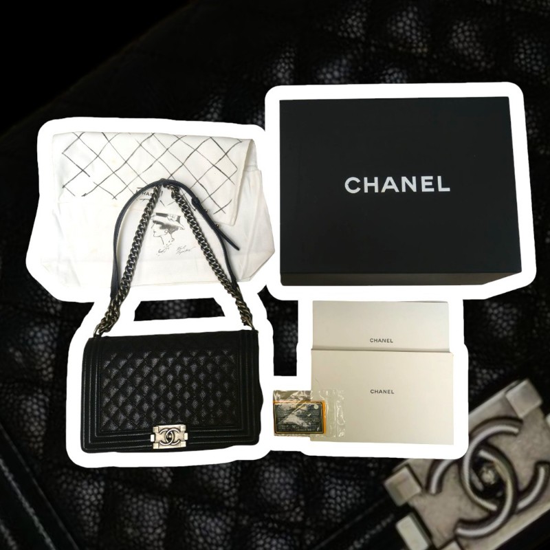 👔爸氣降價‼️限時降價至8/10‼️【8成新】㊣✨Chanel✨（附盒/防塵袋）香奈兒 Le Boy 28 小香 魚子醬 黑色 仿舊銀 菱格紋 掀蓋式 肩背包 雷標 保卡/二手包/二手精品/保證正品🌳二手樹屋🌳-65