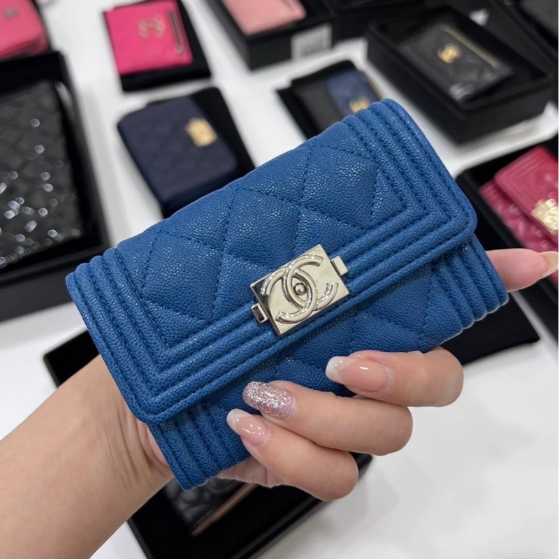 真品chanel le boy 藍銀 錢包 零錢包 卡夾 皮夾 短夾 名片夾 皮包 信用卡卡夾 卡包-0