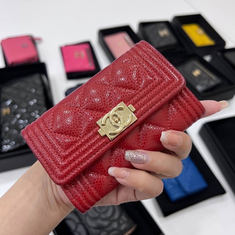 chanel香奈兒 紅 荔枝金羊皮 零錢包 信用卡夾 卡夾 卡包 短夾-0