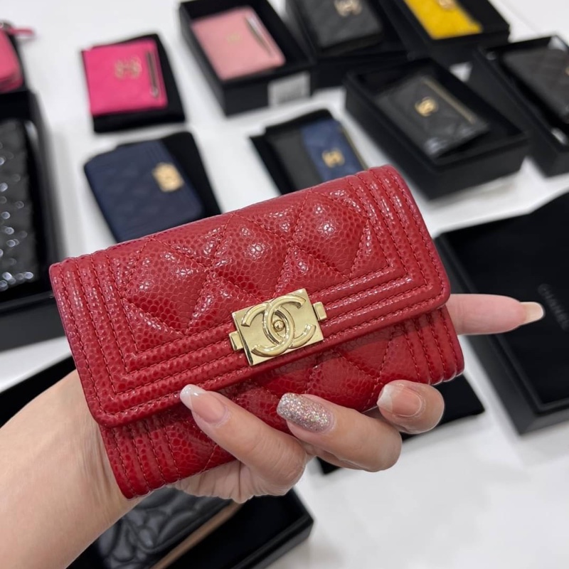 chanel香奈兒 紅 荔枝金羊皮 零錢包 信用卡夾 卡夾 卡包 短夾-1