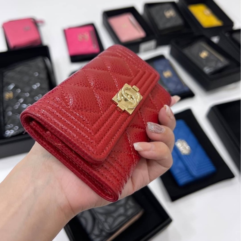chanel香奈兒 紅 荔枝金羊皮 零錢包 信用卡夾 卡夾 卡包 短夾-3
