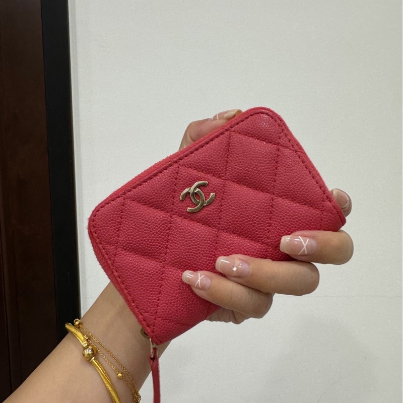 chanel 香奈兒 珊瑚紅 紅色 信用卡卡夾 ㄇ拉 ㄇ字拉 卡夾 皮夾 短夾 錢包 零錢包-0