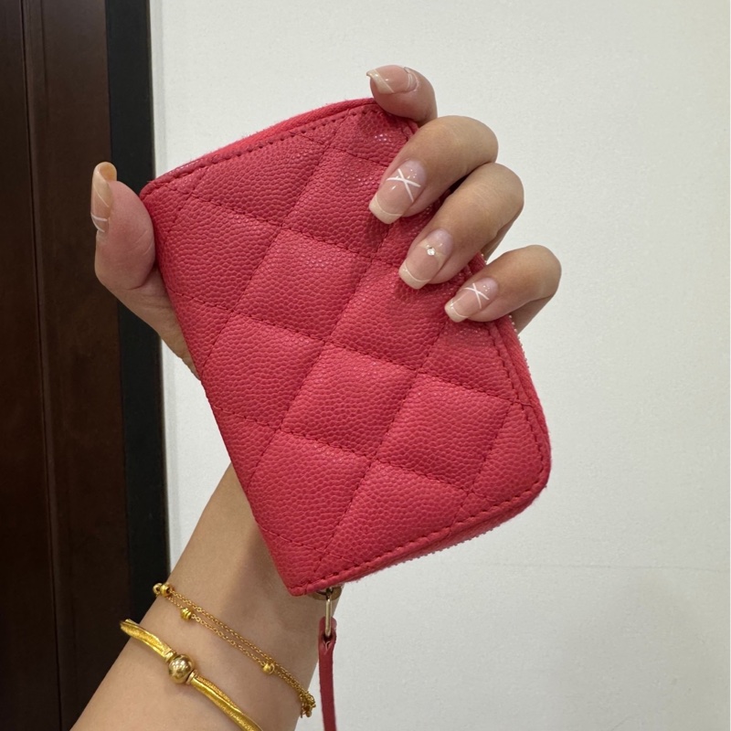 chanel 香奈兒 珊瑚紅 紅色 信用卡卡夾 ㄇ拉 ㄇ字拉 卡夾 皮夾 短夾 錢包 零錢包-1