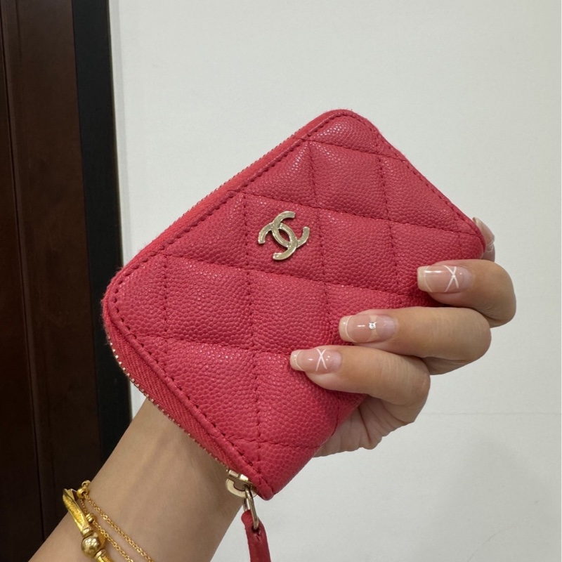 chanel 香奈兒 珊瑚紅 紅色 信用卡卡夾 ㄇ拉 ㄇ字拉 卡夾 皮夾 短夾 錢包 零錢包-2
