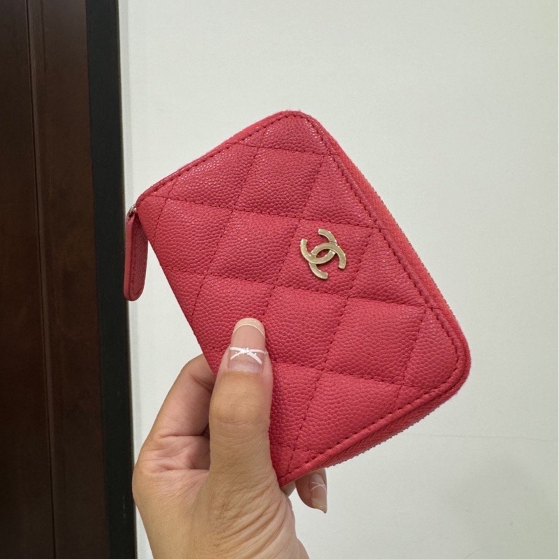 chanel 香奈兒 珊瑚紅 紅色 信用卡卡夾 ㄇ拉 ㄇ字拉 卡夾 皮夾 短夾 錢包 零錢包-3