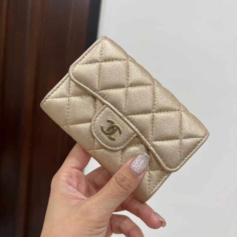 chanel 香奈兒 金色 卡包 信用卡卡夾 卡夾 零錢包 短夾 皮包 皮夾-0