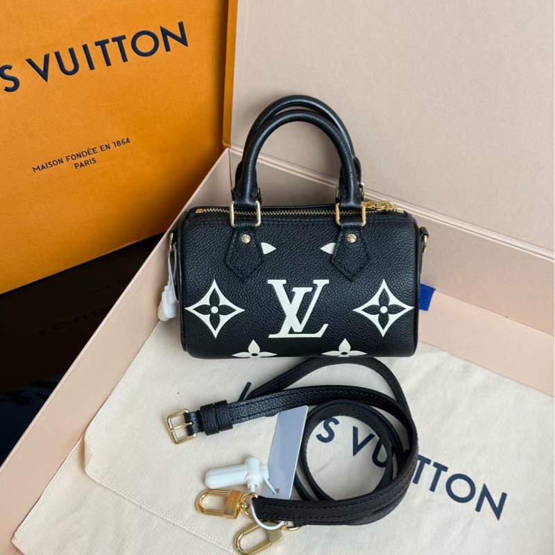 V/路易威登 Speedy nano 枕頭包Mini 黑白老花手提單肩斜挎包 女款 可調節可拆卸肩帶-0