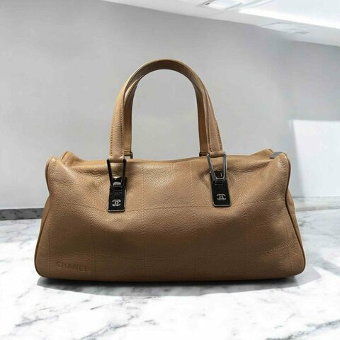 CHANEL 牛皮方格手提包/膚色
