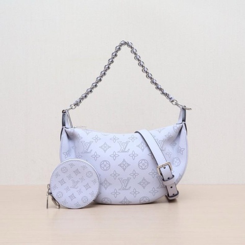 LOUIS VUITTON(路易威登) Baia 全皮鏤空老花腋下月亮包 26cm 紫色  銀扣 晶片