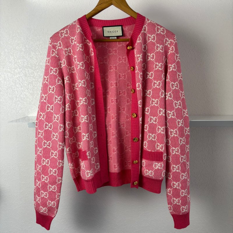 ::GUCCI:: 桃紅色 滿版雙G字母鉤花毛衣開衫經典Logo-0