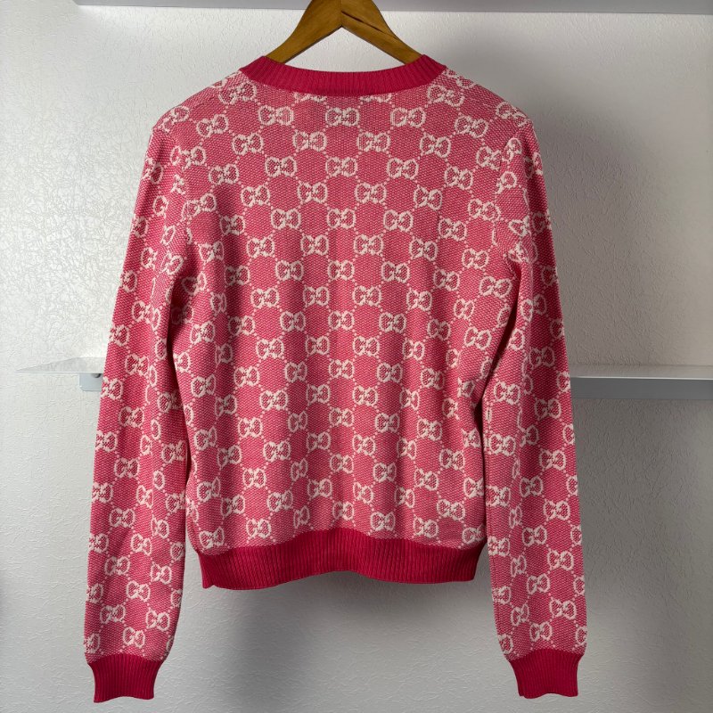::GUCCI:: 桃紅色 滿版雙G字母鉤花毛衣開衫經典Logo-1