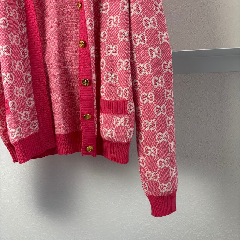 ::GUCCI:: 桃紅色 滿版雙G字母鉤花毛衣開衫經典Logo-3