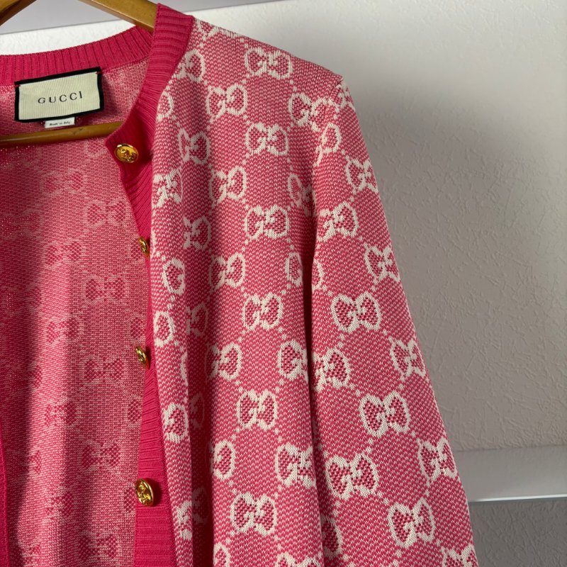 ::GUCCI:: 桃紅色 滿版雙G字母鉤花毛衣開衫經典Logo-4