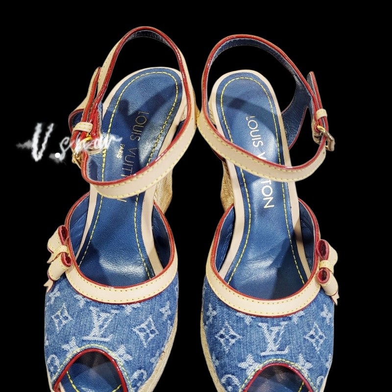Louis vuitton 藍色丹寧緹花布楔形跟鞋-0