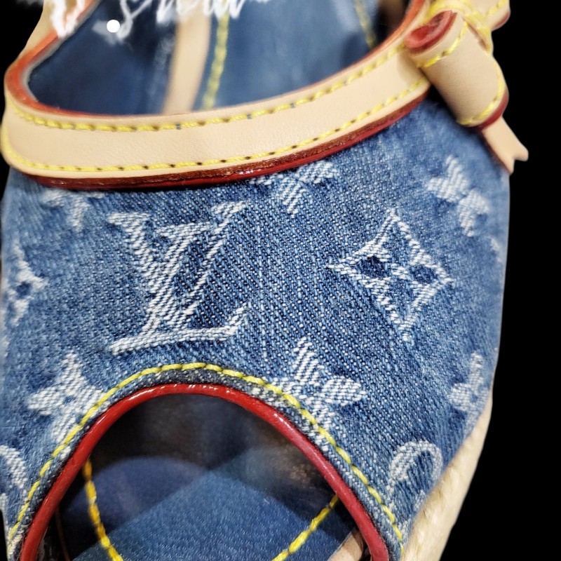 Louis vuitton 藍色丹寧緹花布楔形跟鞋-1