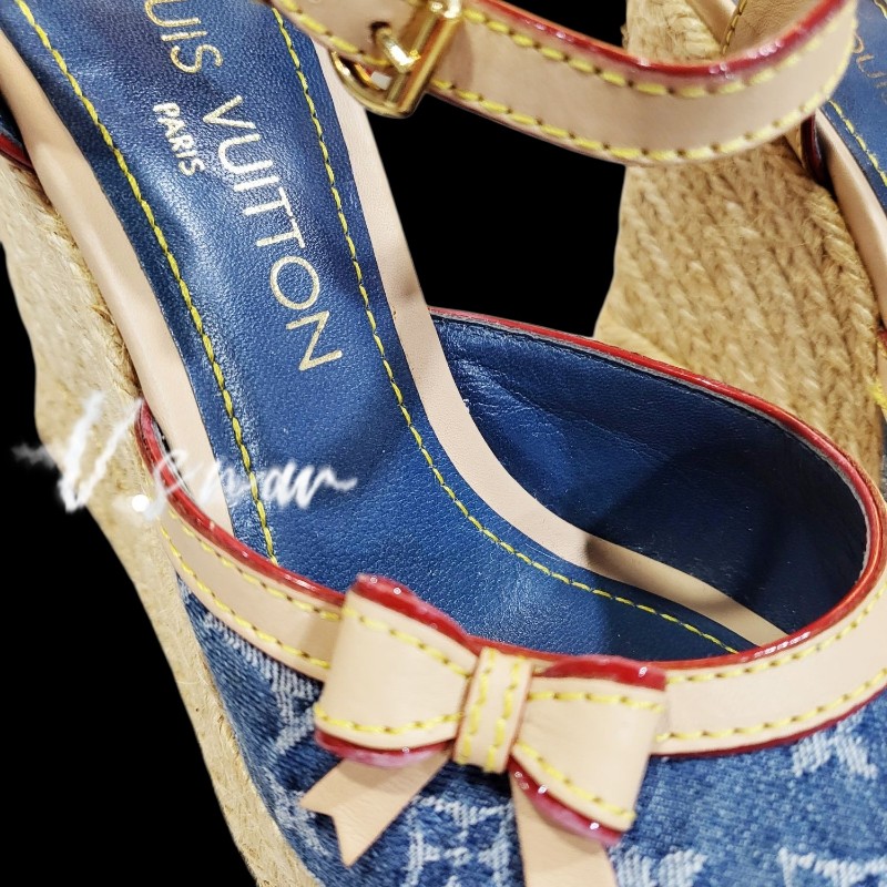 Louis vuitton 藍色丹寧緹花布楔形跟鞋-2
