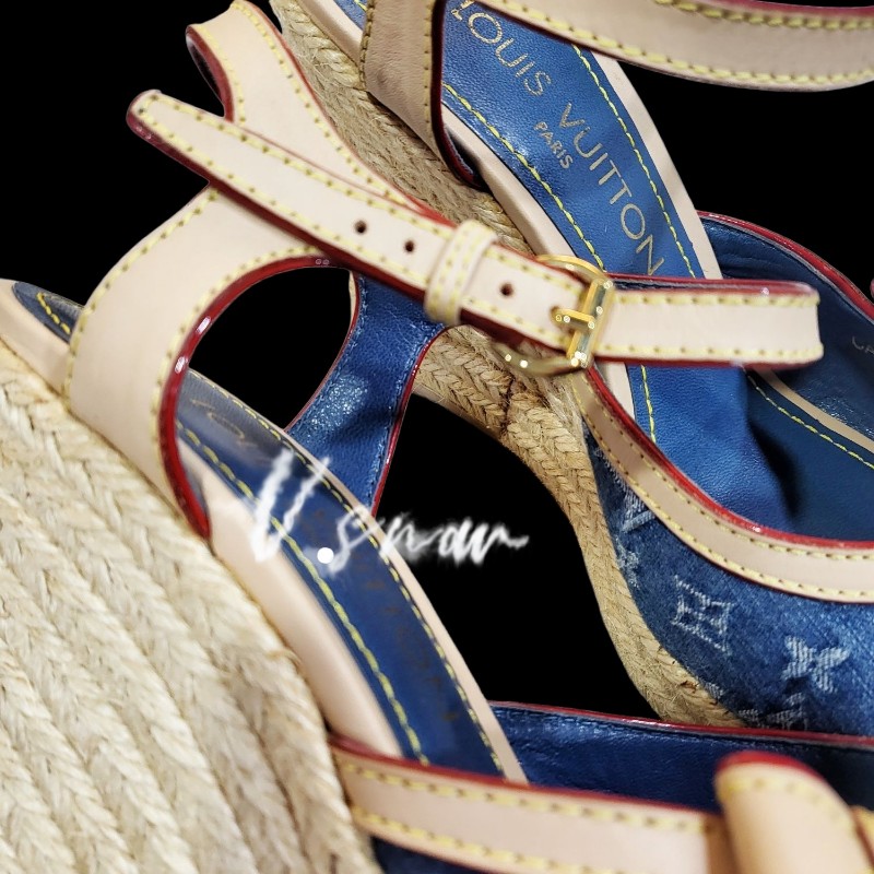 Louis vuitton 藍色丹寧緹花布楔形跟鞋-3